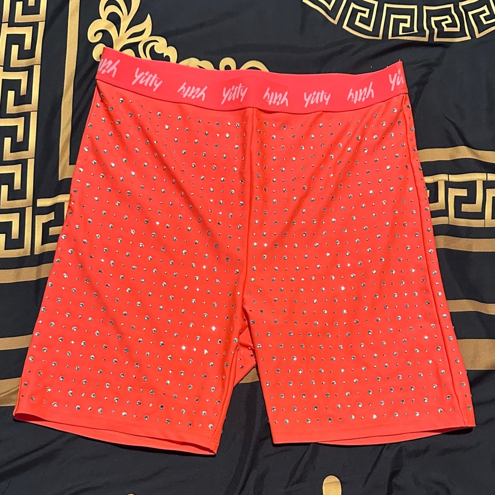 YITTY Vibrant Orange Rhinestone Biker Shorts
